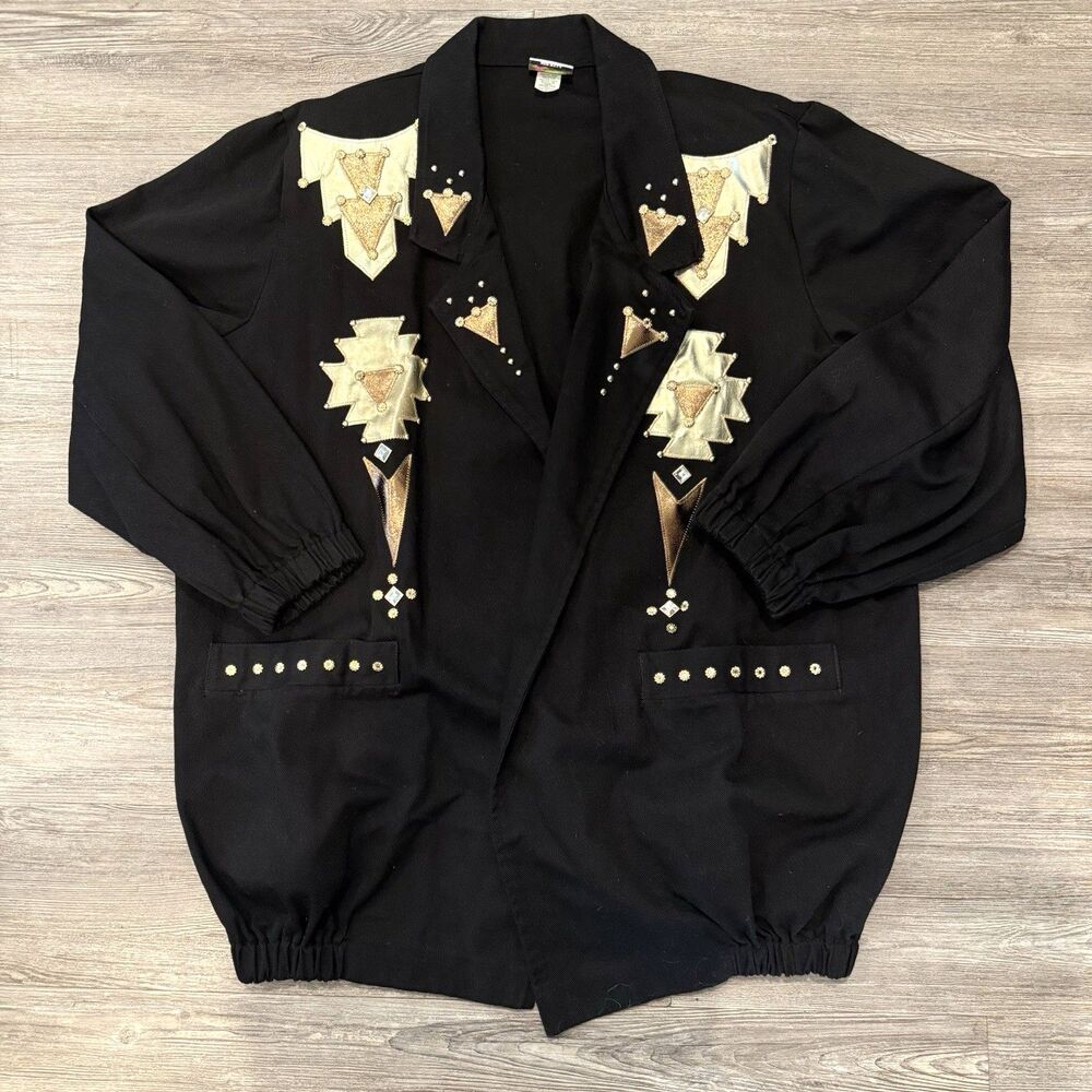 Vtg 90s Southwestern Studded Jacket Black Gold Metallic Applique Oversized Aztec